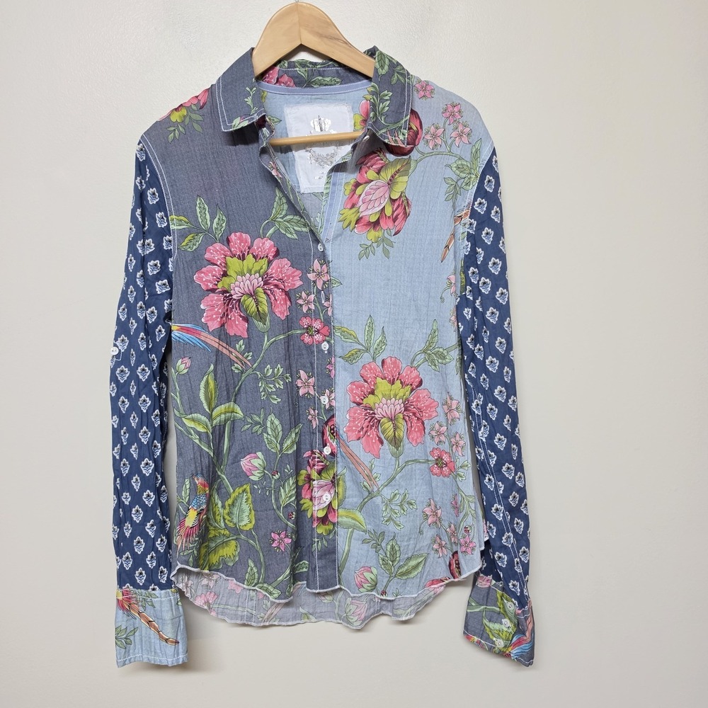 Cino Crinkled Floral Patchwork Mixed Print Blouse Size L Long Sleeve Boho Cotton